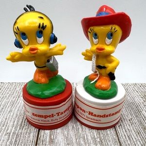Vintage 1983 Warner Bros Tweety Bird Figurine and Hand Stamp, Lot of Two, Bully